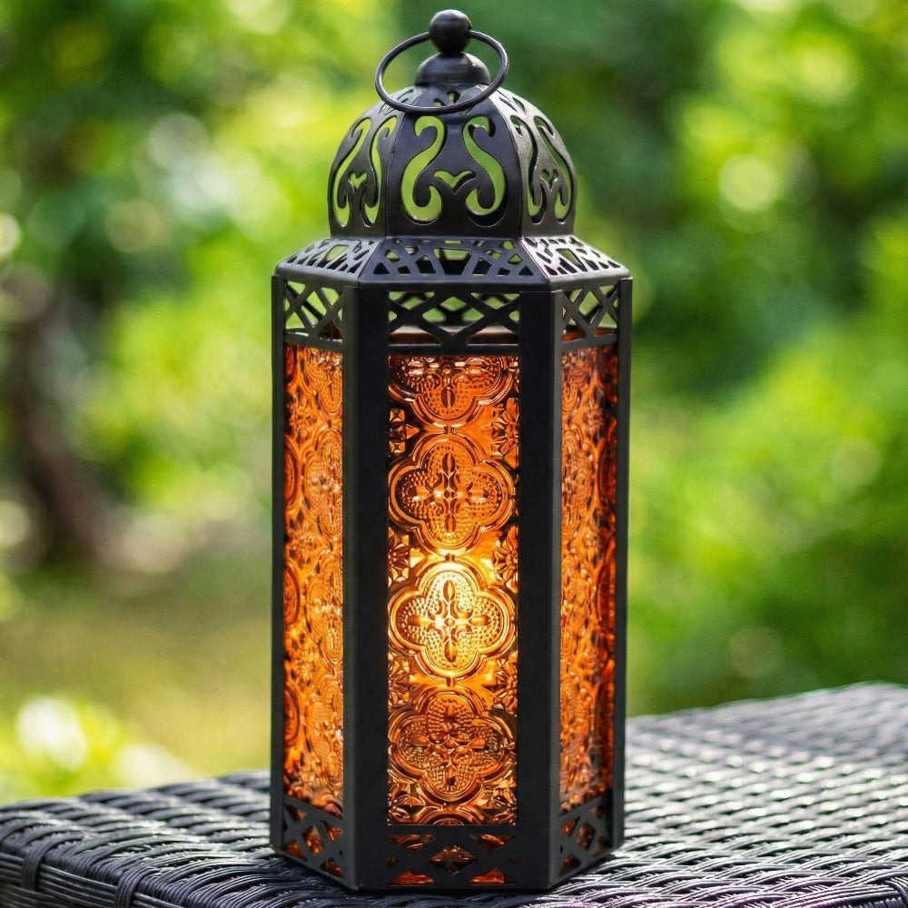Moroccan Candle Lantern Holder - Decorative Metal & Glass Lantern with Embossed Floral Design for Indoor Home Decor, Garden, Patio, Weddings, Ramadan, Halloween & Holiday Celebrations - 10.5¡± Tall Medium Size