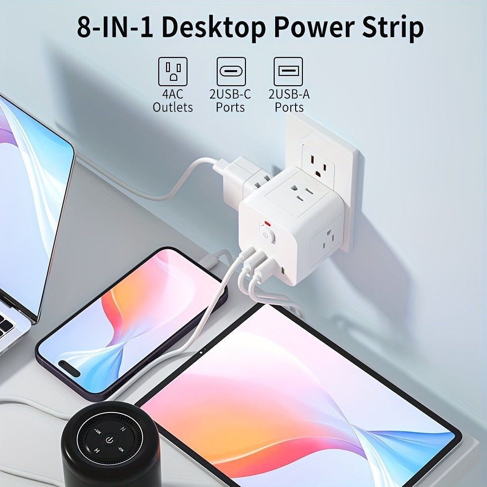 Wall Outlet Extender 8-in-1 with 4 AC Outlets 2 USB-A 2 USB-C Ports Power-Off Switch Overload Protection 4-Sided Design for Living Room Kitchen Bathroom Bedroom Office White