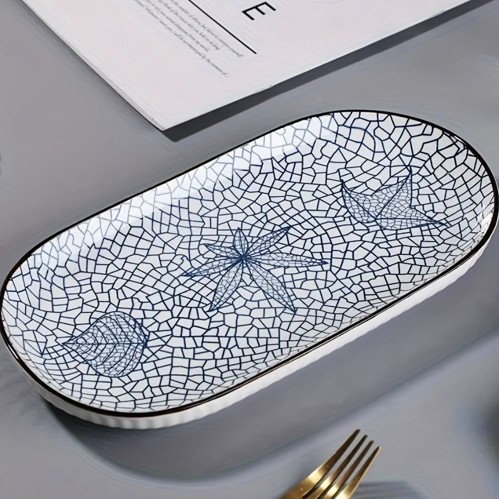 Japanese Blue White Porcelain Fish Plates Set of 4 ¨C 12 Inch Ceramic Serving Plates, Microwave & Oven Safe Steaming Baking Tableware