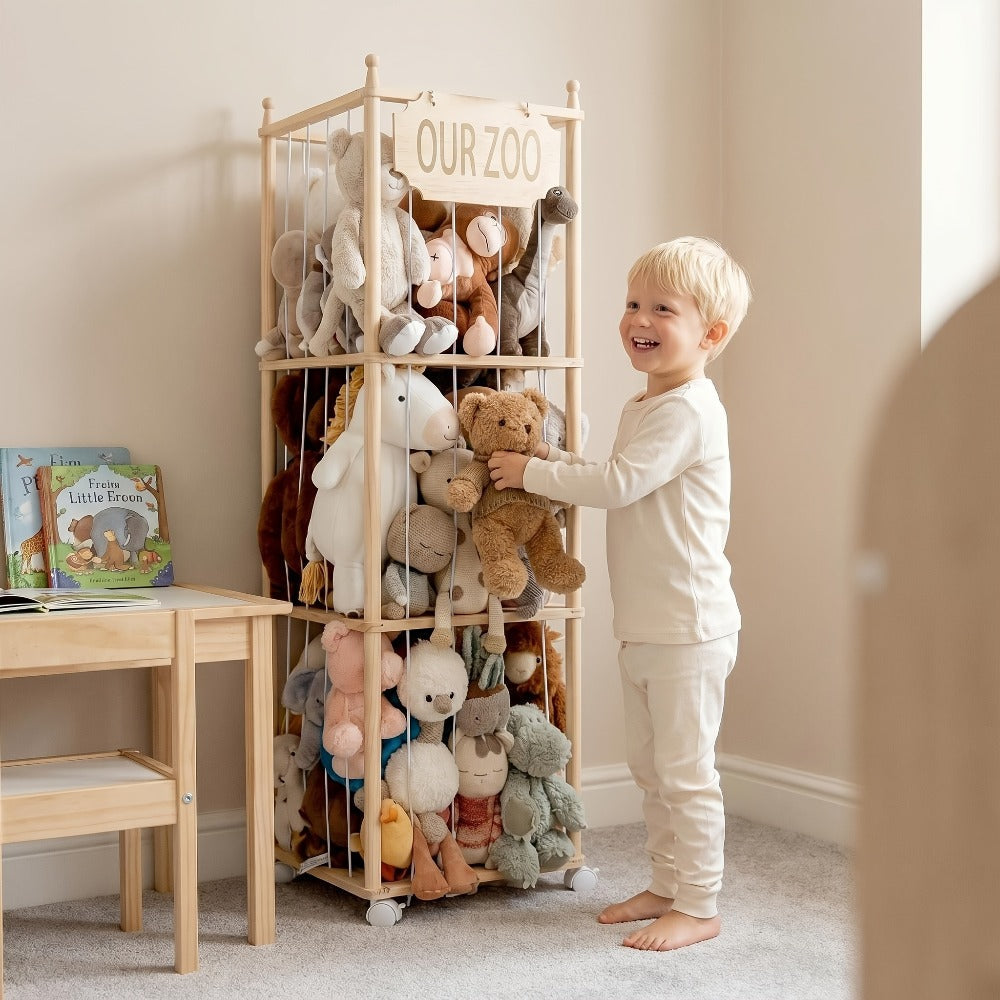 Stuffed Animal Storage Tower Wooden Zoo Cage Design Large Plush Toy Organizer Holder for Kids Playroom Bedroom No-Tool Assembly Boys Girls Gift