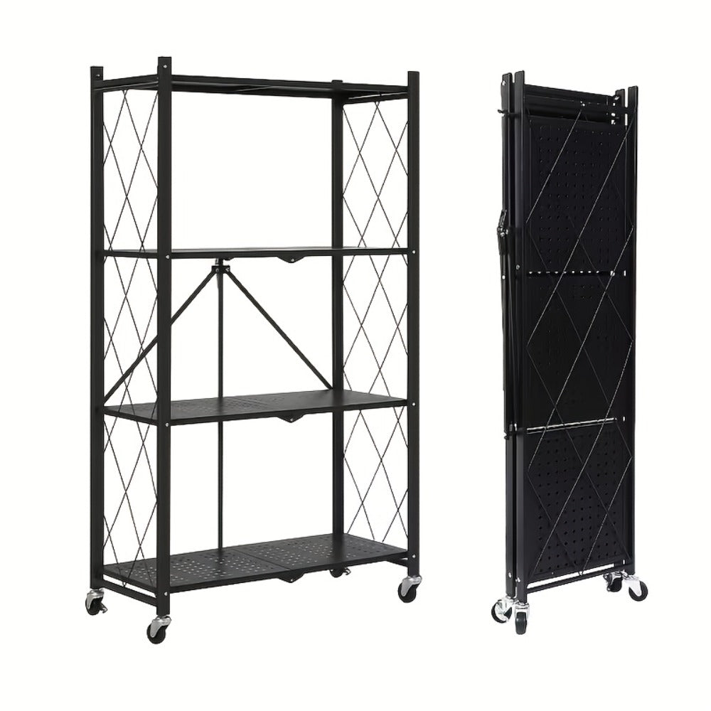 Rolling Storage Rack with Wheels 3 4 5 Tier Folding Shelving Unit No Assembly Required, Freestanding Metal Shelf Organizer for Kitchen Living Room Garage Office Basement, Black White