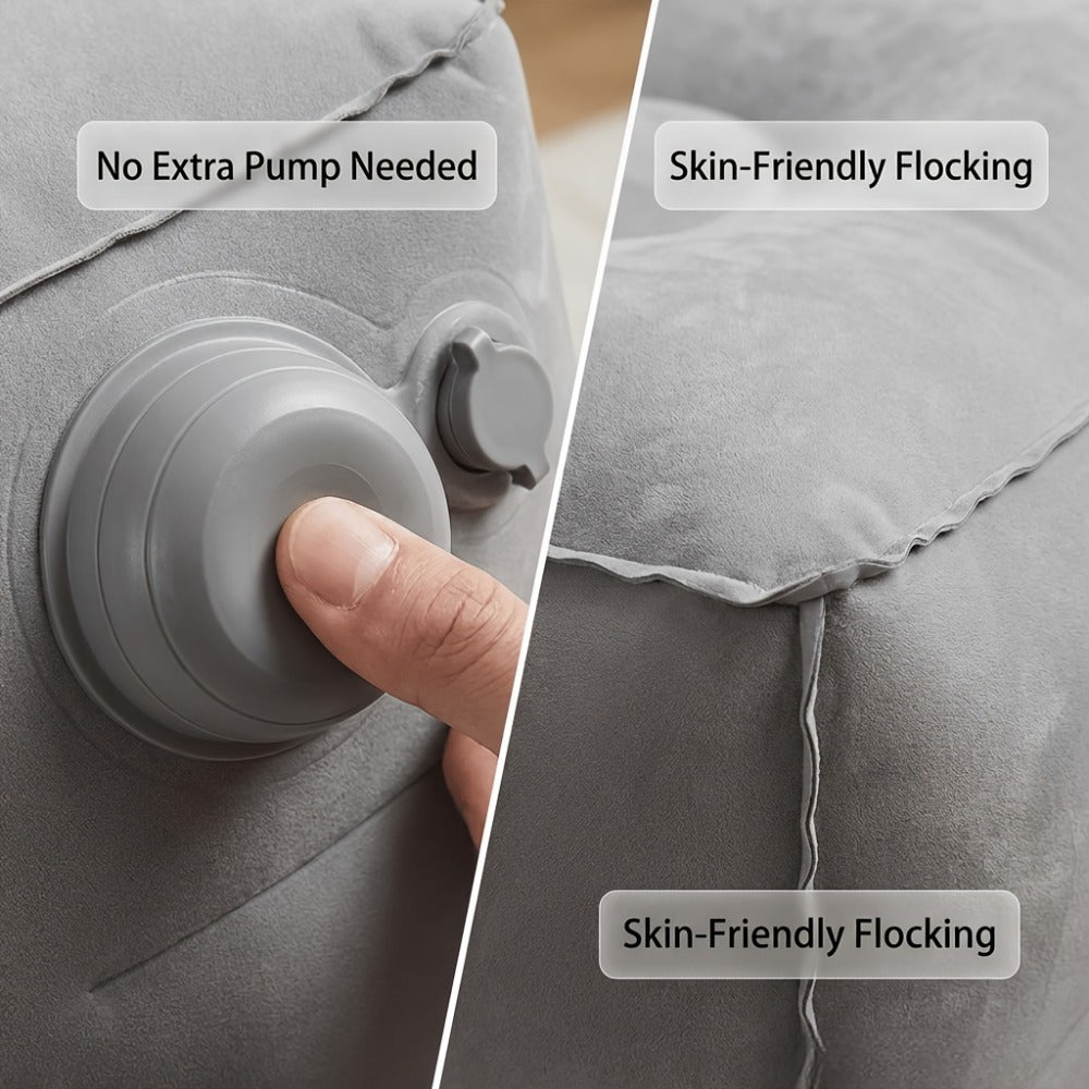 Inflatable Travel Neck Pillow Press to Inflate Foldable Ergonomic Design for Airplane Office Camping Gray Blue