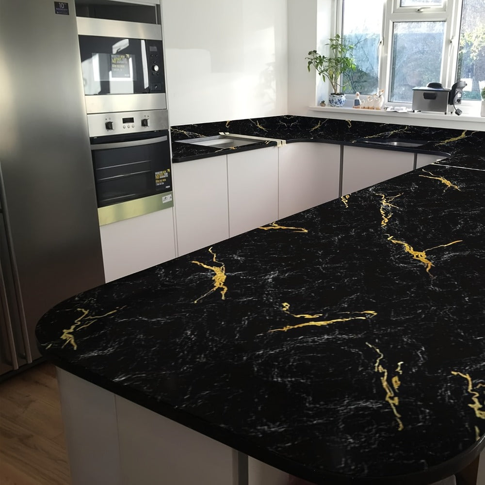 Black Marble Wallpaper Self-Adhesive Peel and Stick | Gold Vein Kitchen Backsplash Contact Paper | 23.62¡± x 196.85¡± Large Removable Wall Sticker for Modern Home Decor, Countertop & Furniture Wrap
