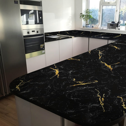 Black Marble Wallpaper Self-Adhesive Peel and Stick | Gold Vein Kitchen Backsplash Contact Paper | 23.62¡± x 196.85¡± Large Removable Wall Sticker for Modern Home Decor, Countertop & Furniture Wrap