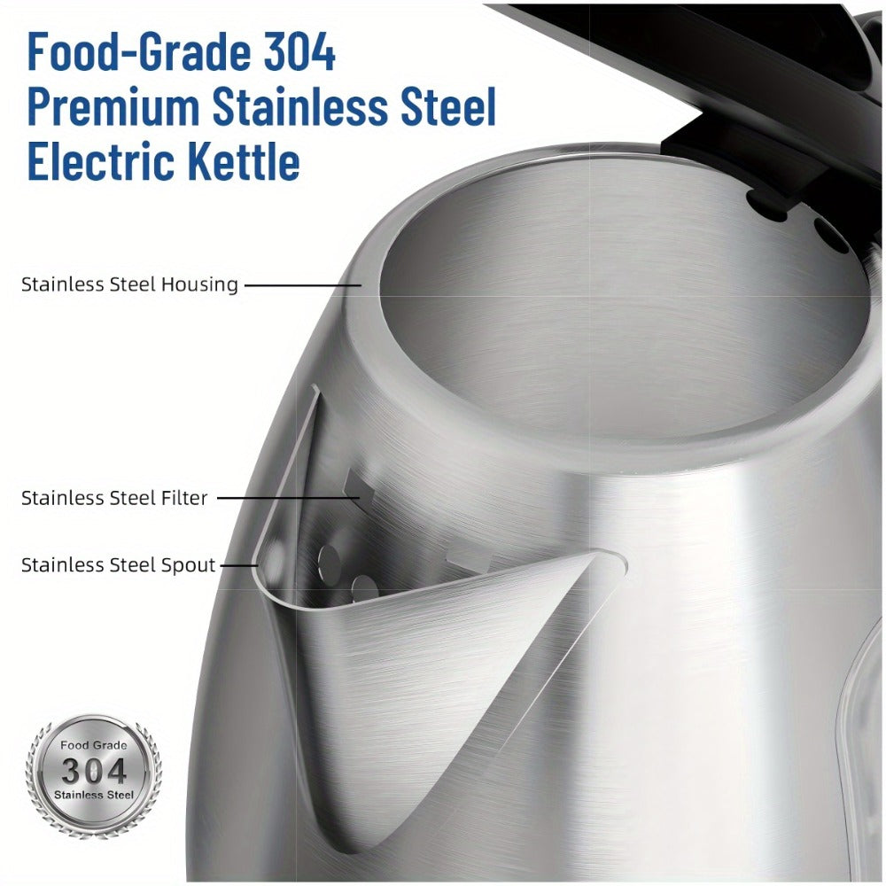 Electric Kettle Stainless Steel 1200W Fast Boil with Water Window - 60.87oz BPA-Free Auto Shut-Off Electric Tea Kettle for Tea Coffee Hot Water, Quiet Boil Cordless Kitchen Kettle Gift