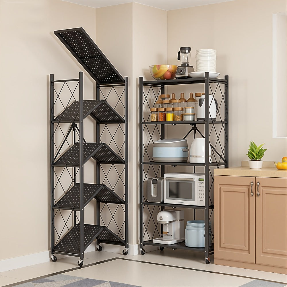 Foldable Storage Rack with Lockable Wheels 3 4 5 Tier Carbon Steel No Assembly Space Saving Floor Standing Shelf for Bedroom Balcony Garden
