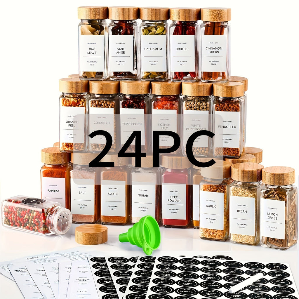 Glass Spice Jars 4oz with Bamboo Lids Labels and Collapsible Funnels Seasoning Storage Bottles for Spice Rack Cupboard Pantry Kitchen Organization 15 24 or 36pcs