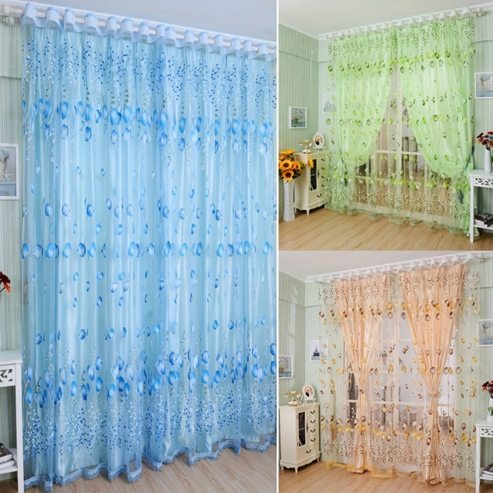Sheer Tulip Curtains 79 Inch Length - 2 Panels Set Spring Flower Print Chiffon Window Drapes for Living Room Bedroom Balcony Rod Pocket