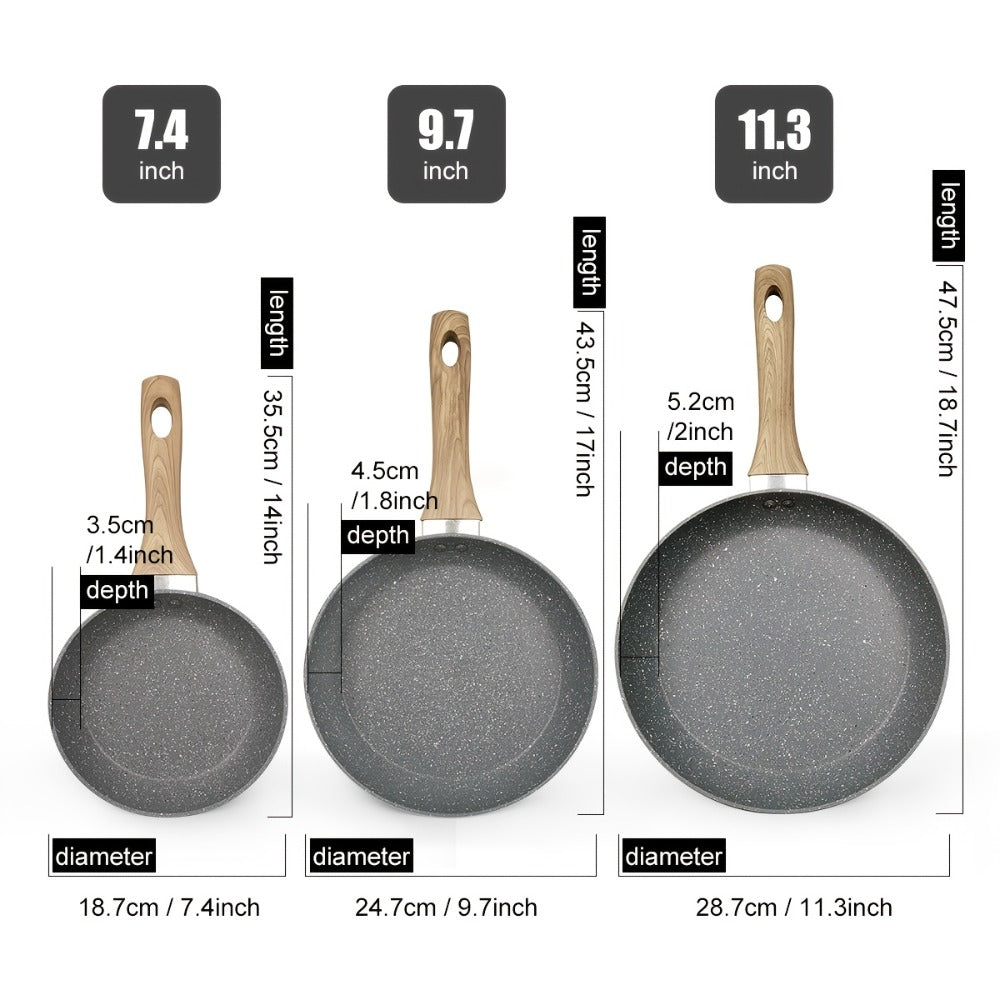 Non-Stick Frying Pan Set 3-Piece 7 9.5 11 Inch ¨C Dishwasher Safe Skillet Set with Insulated Handle | Induction Compatible Home Kitchen Pans in Beige Grey & Black | Durable Even-Heating Cookware