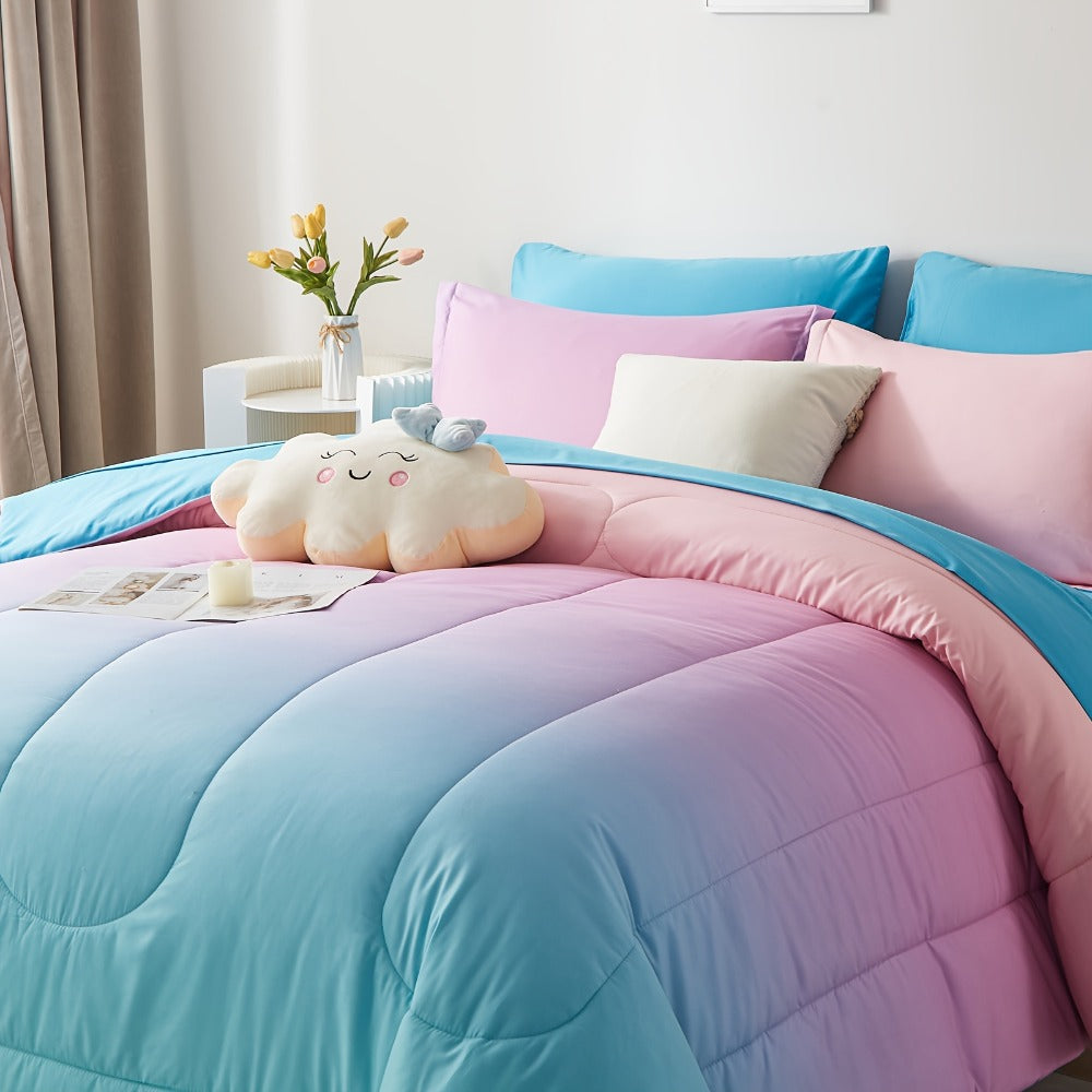 Rainbow Comforter Set 5/7Pcs - Stain-Resistant Hypoallergenic Lightweight Bed in a Bag Twin Full Queen King All Seasons 100% Polyester