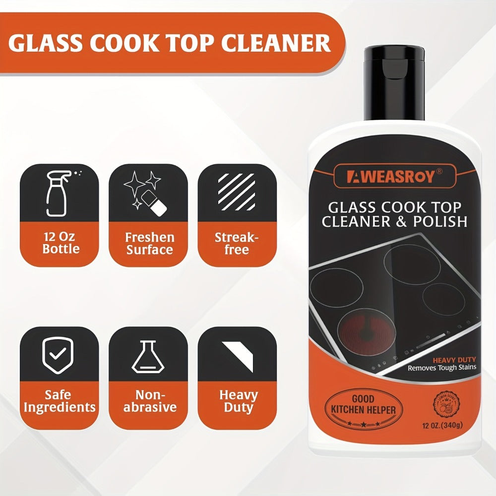 Glass Stove Top Cleaner Kit 12oz Non-Abrasive No Scratch Cooktop Cleaner and Polish Removes Tough Grease Stains 9-Piece Set with Scrubbing Pad Handle Scraper and Cloth for Smooth Cooktop Range