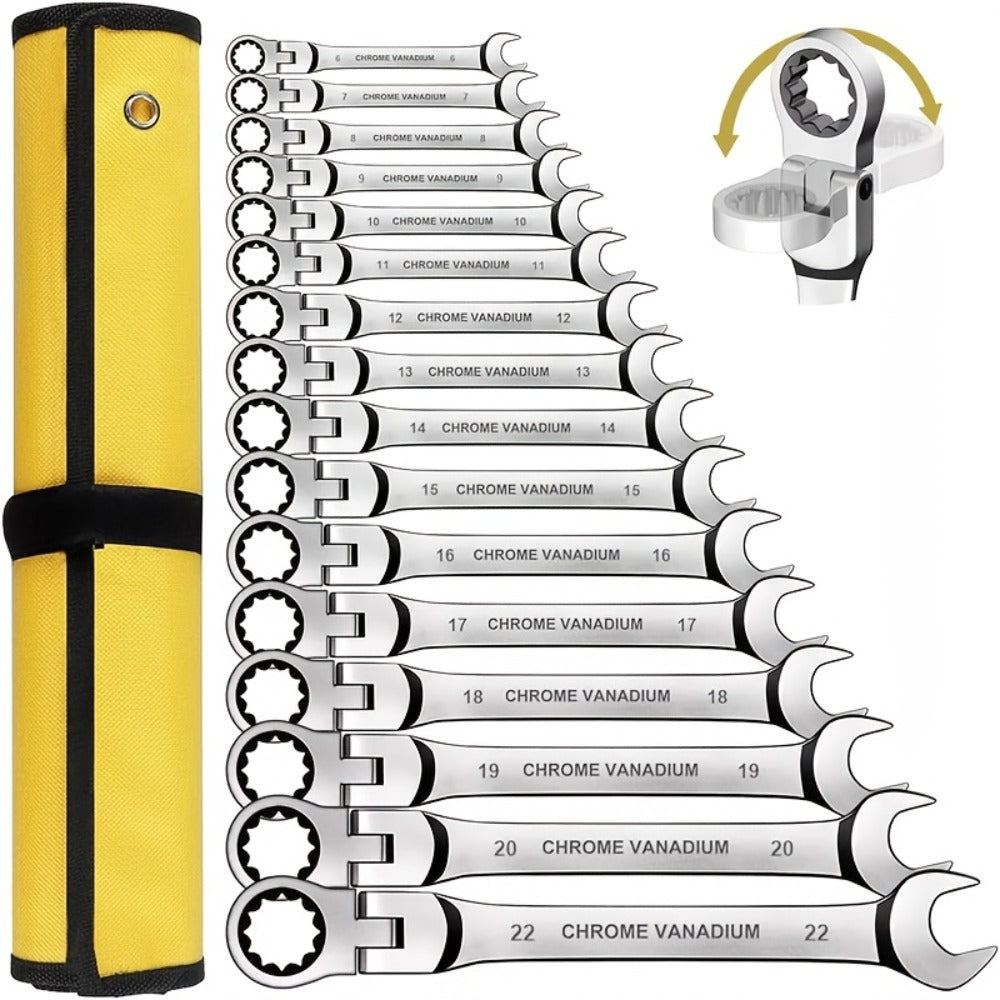 Ratcheting Wrench Set 16pcs Flex Head 180¡ã, Metric 6-22mm CR-V Steel Combination Wrench Kit with 72-Tooth Ratchet & Organizer Bag, Professional Flex Head Ratchet Wrench for Auto & Home Repair