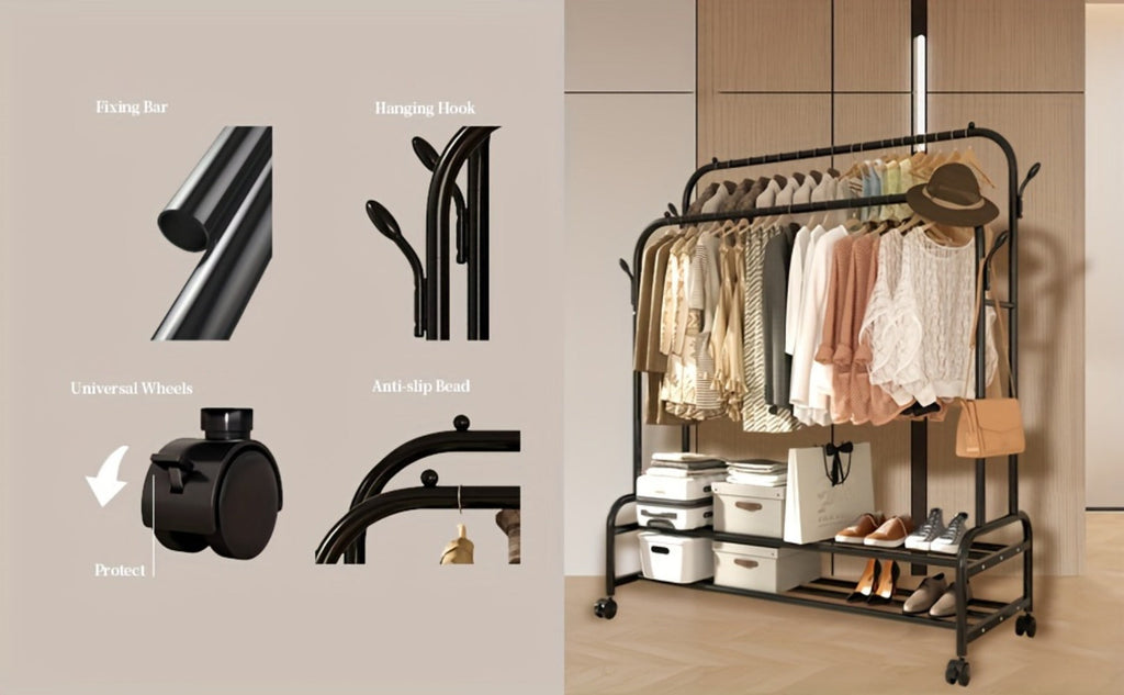 Heavy Duty Metal Clothing Rack Double Rod with Wheels Shelves and Hooks Freestanding Garment Rack 300LB Capacity Closet Organizer for Bedroom Laundry Room