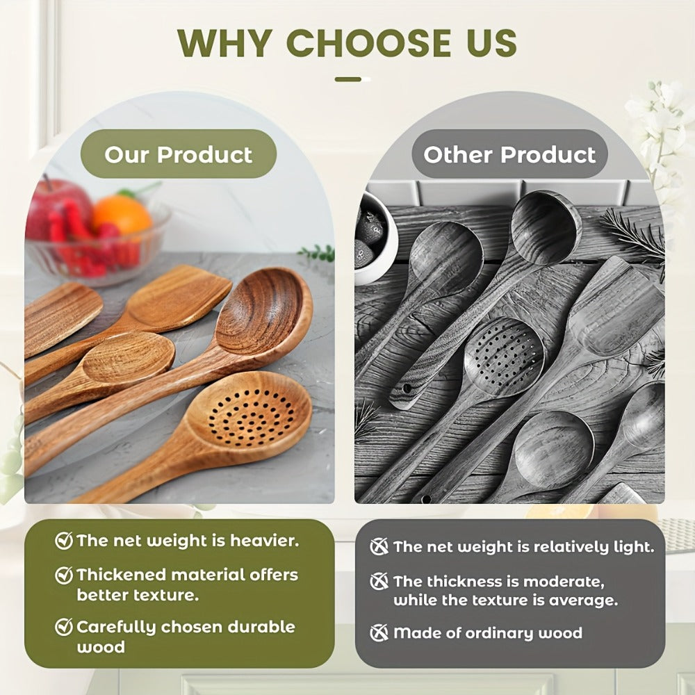 Wooden Kitchen Utensil Set 10 Piece - Nonstick Safe Cooking Spoons, Ergonomic Handle, Heat Resistant Wood Kitchen Tools, Natural Bamboo Utensils for Pots and Pans