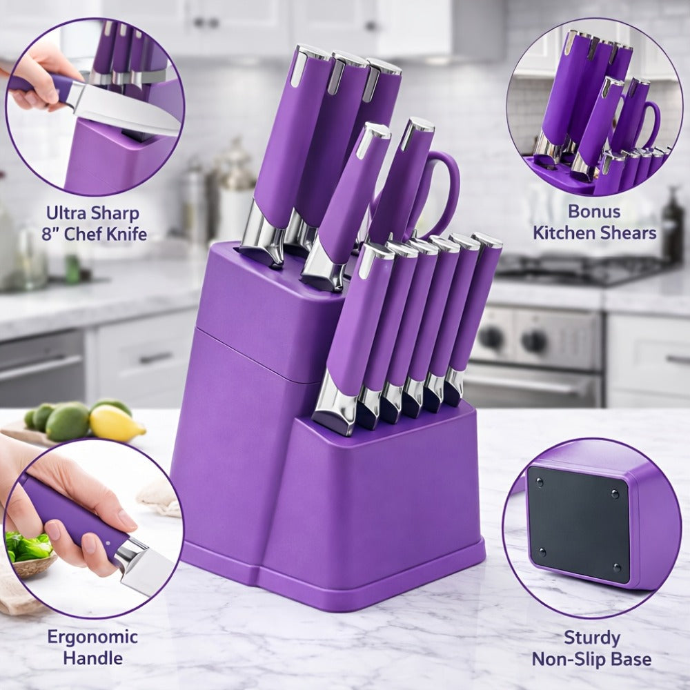 13-Piece Kitchen Knife Set with Block, Chef Bread Steak Knives Scissors Stainless Steel Colorful Cutlery Gift Set with Knife Holder