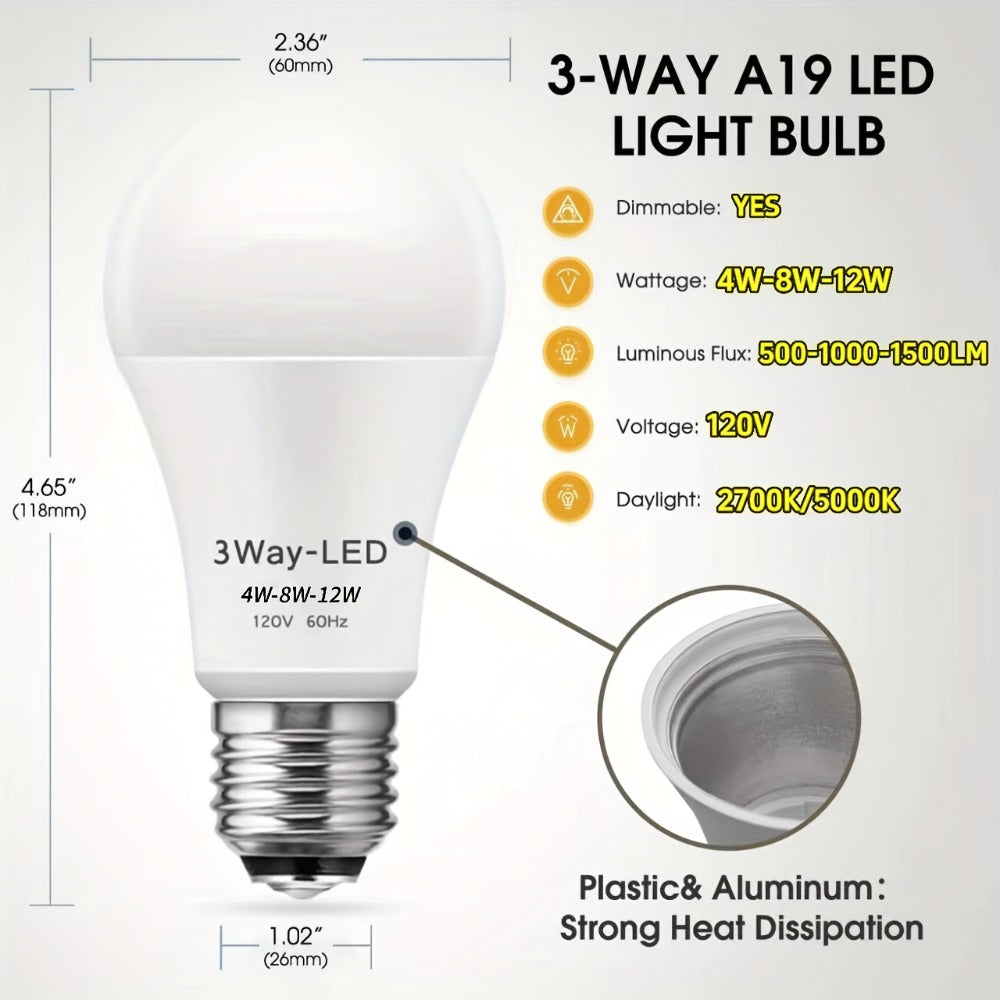 3-Way LED Light Bulb A19 40 60 100W Equivalent 1500 Lumens E26 Base ¨C Soft White 2700K & Daylight 5000K Three-Way Bulb for Bedroom Living Room Study Room Table Lamp, 2 & 4 Pack