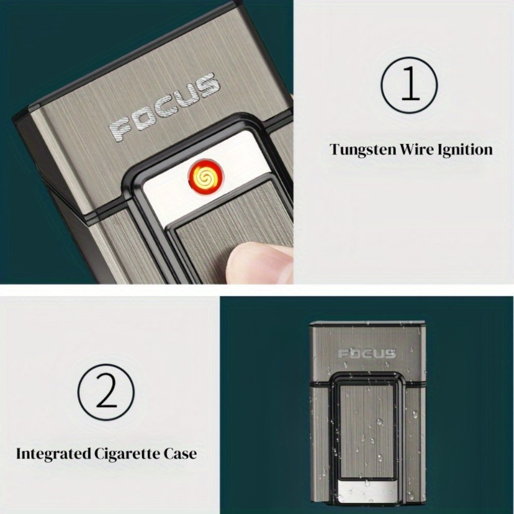 Cigarette Case with Built-in USB Rechargeable Lighter, Tungsten Filament Windproof Electric Igniter, One-Button Pop-Up, Holds 20 Cigarettes, Compatible with Soft & Hard Packs ¨C Travel Cigarette Holder