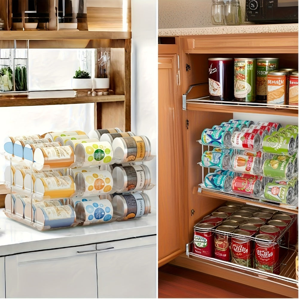 Can Organizer Rack for Pantry Fridge 3-Tier Stackable Rolling 36 Capacity Clear Plastic Automatic Rolling Canned Food Storage Space Saving Kitchen Organizer 3 Sets