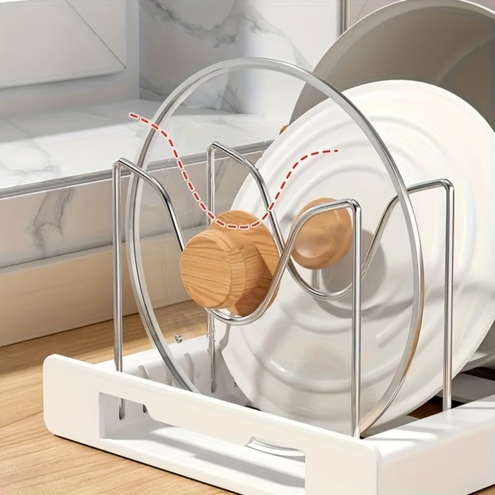 Pots and Pans Organizer Rack Adjustable Expandable - Metal Bakeware Organizer with Dividers, Pot Lid Holder for Under Cabinet & Kitchen Cabinet Storage, Holds Pots, Pans, Lids & Bakeware, White