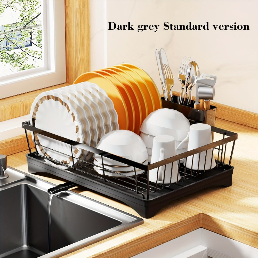 Dish Drying Rack 2 Tier with Drainboard for Kitchen Counter Metal Dish Drainer with Utensil Holder Cups Organizer Space Saving Kitchen Drying Rack Black White