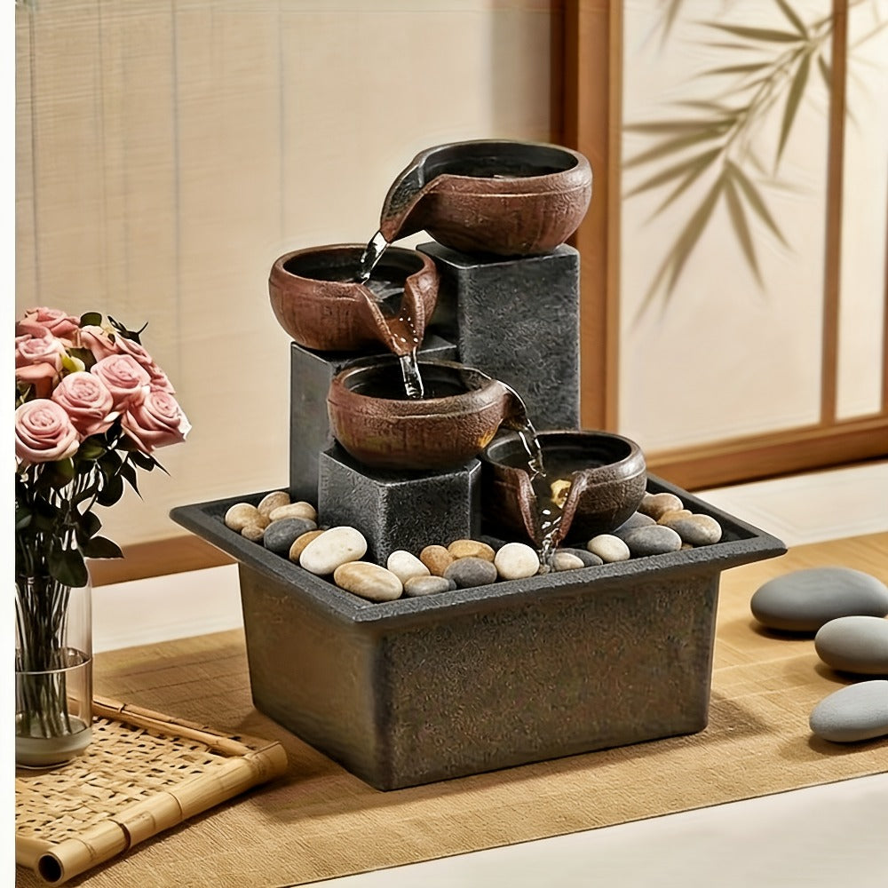 Tabletop Water Fountain Indoor ¨C 4-Level Desktop Waterfall with LED Lights & Natural River Stones, USB Powered Meditation Fountain for Home Office Relaxation, Zen Desk Decor with Bubble Balls