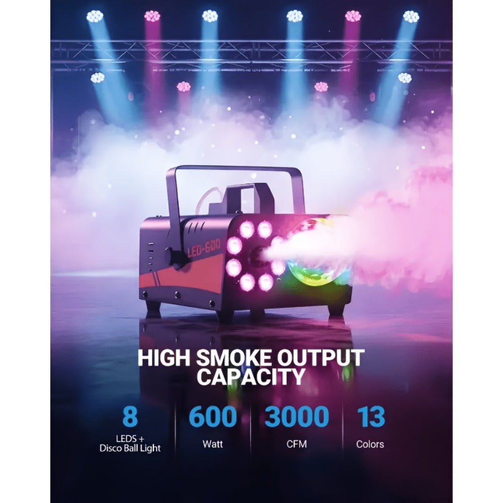 Fog Machine 600W with Disco Ball LED Lights | 3000 CFM Smoke Machine with 13 Colorful LED Effects & Wireless Remote | Party Fog Machine for Halloween, Wedding, DJ Stage, Indoor Events & Nightclub