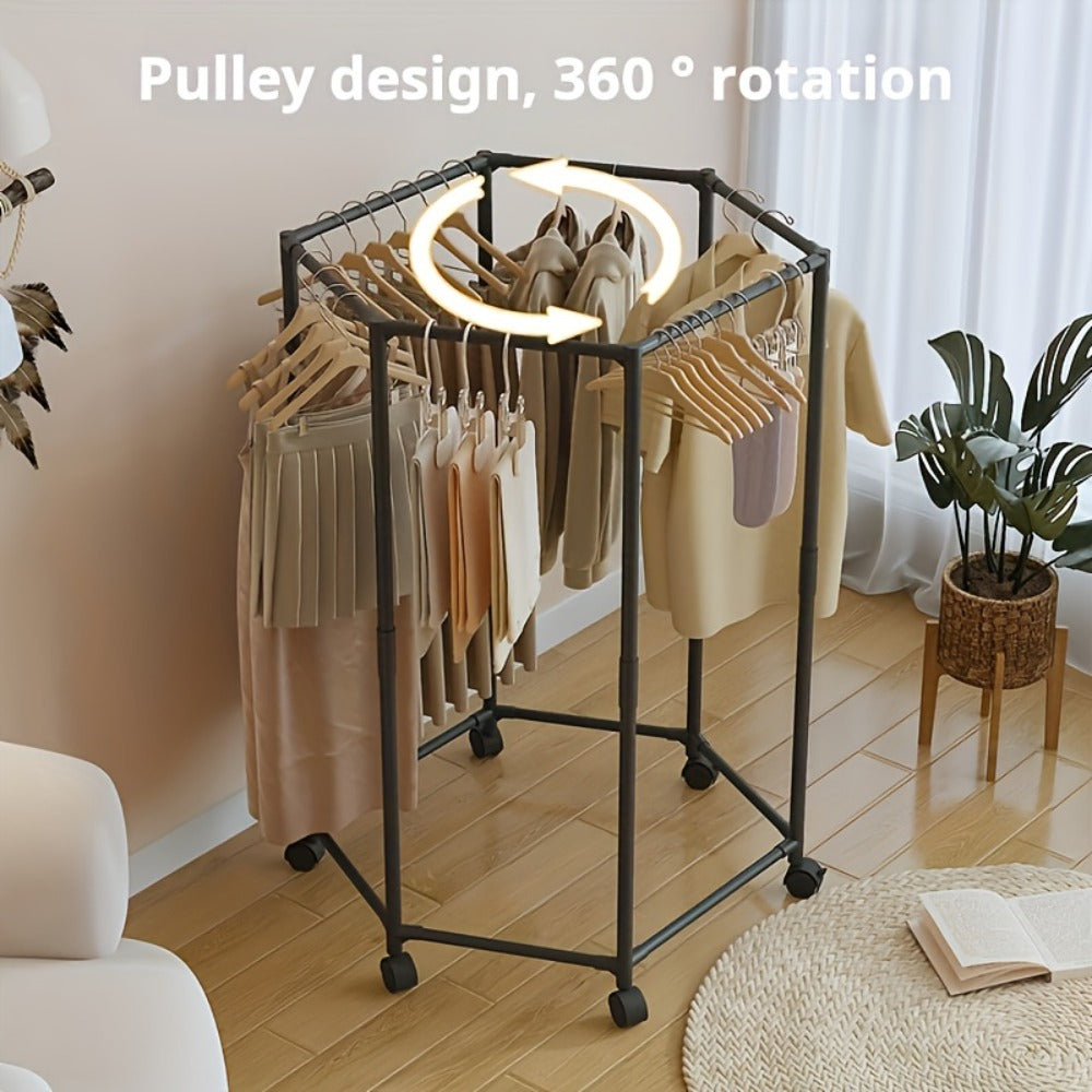 Rotating Clothes Rack Freestanding Vertical Clothing Hanging Rack Space Saving Laundry Rack with Mesh Bag Black White Rotatable Garment Rack for Small Apartment Bedroom Closet