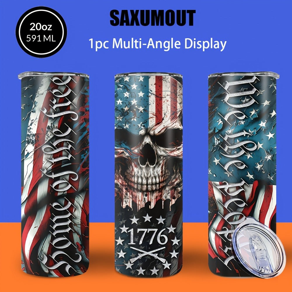 Skull Tumbler 20oz Patriotic Skull Pattern Stainless Steel Insulated Cup with Lid & Straw Travel Coffee Mug Hot Cold Drinks Gift Birthday Halloween Christmas