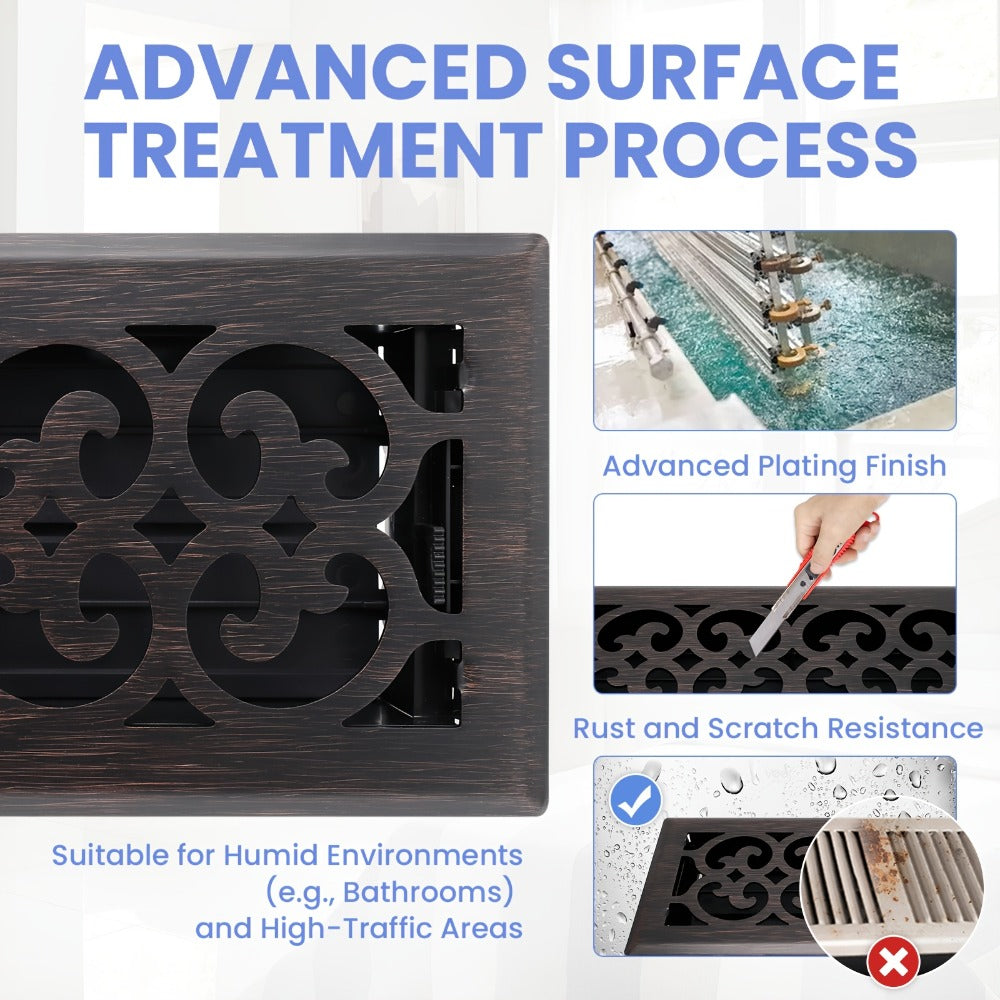 Floor Vent Register Cover 4x10 Inch Heavy Duty Walkable Steel Decorative Air Vent Grille Adjustable Airflow for Home HVAC 2-Pack Savannah Boston Design Multi Finish