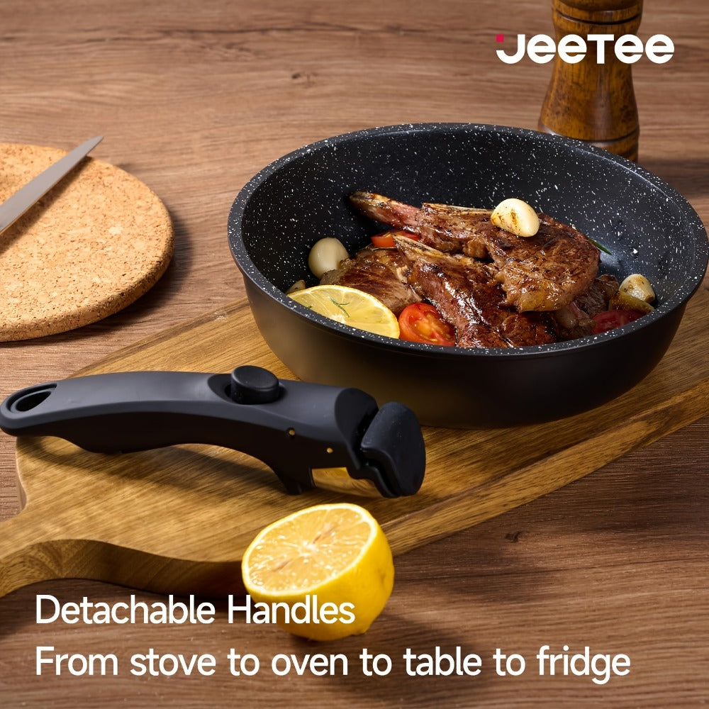 Detachable Handle Cookware Set 16 & 26 Piece Non-Stick PFOA-Free ¨C Stackable Space-Saving Pots and Pans | Oven Safe 480¡ãF Induction Compatible | RV Camping Kitchen Cooking Set in Black & Beige