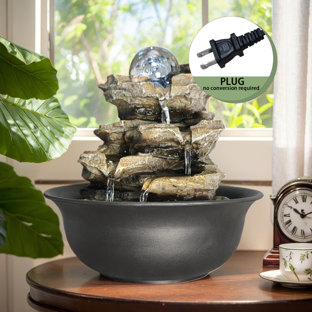 Indoor Tabletop Fountain with LED Lights ¨C Crystal Ball Rolling Waterfall Desktop Zen Fountain Humidifier for Living Room Office Bedroom