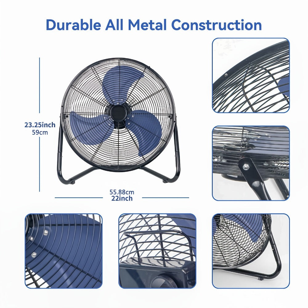 Industrial Floor Fan High Velocity 9 & 20 Inch ¨C Metal Construction & Blades, 3-Speed Heavy Duty Fan for Industrial, Commercial & Garage Use | Silver, Black & Blue