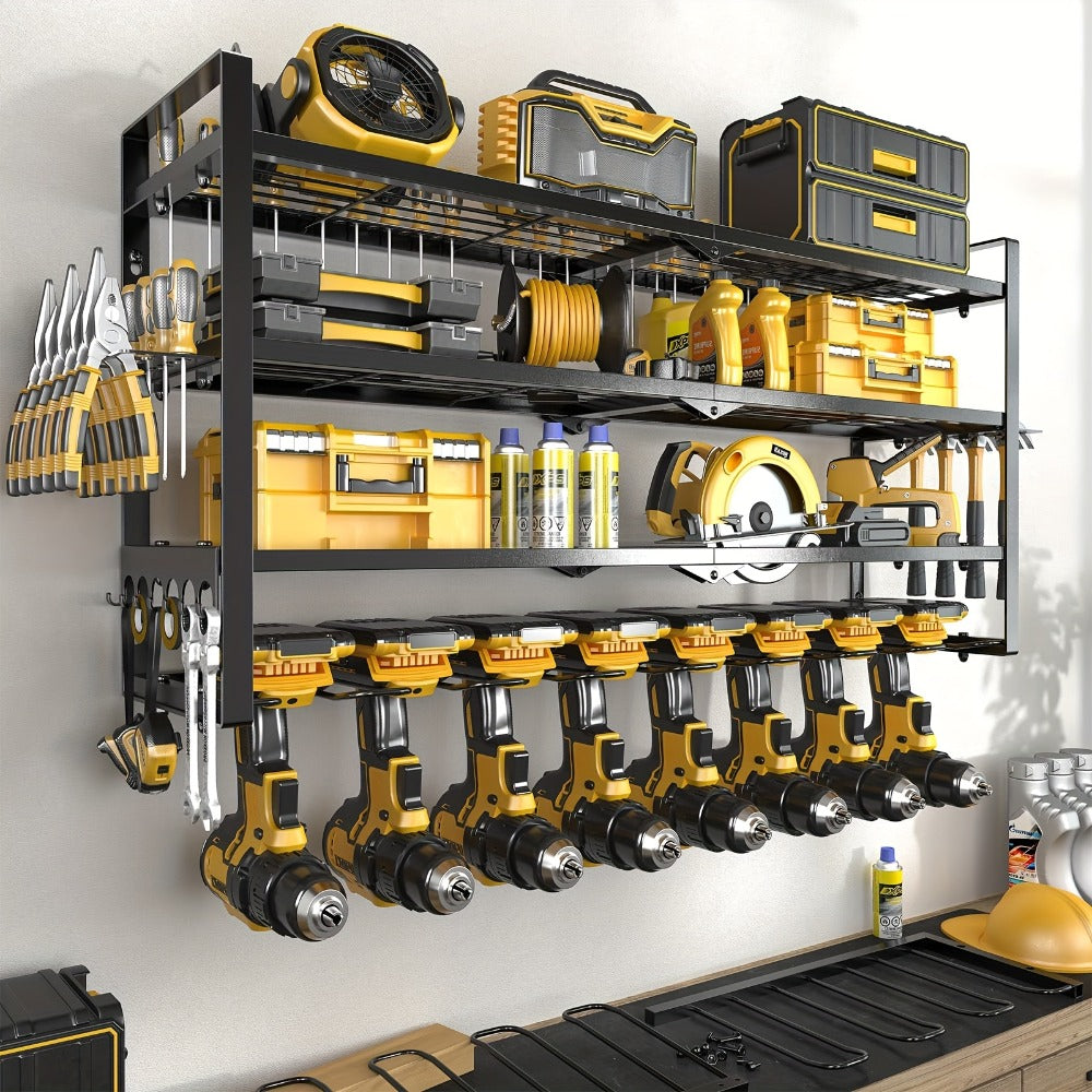 Wall Tool Storage Rack Heavy Duty Metal Organizer - 4 Layer Cordless Drill Holder Clamp Bracket Workbench Wall Mount Space Saving Workshop Garage Storage