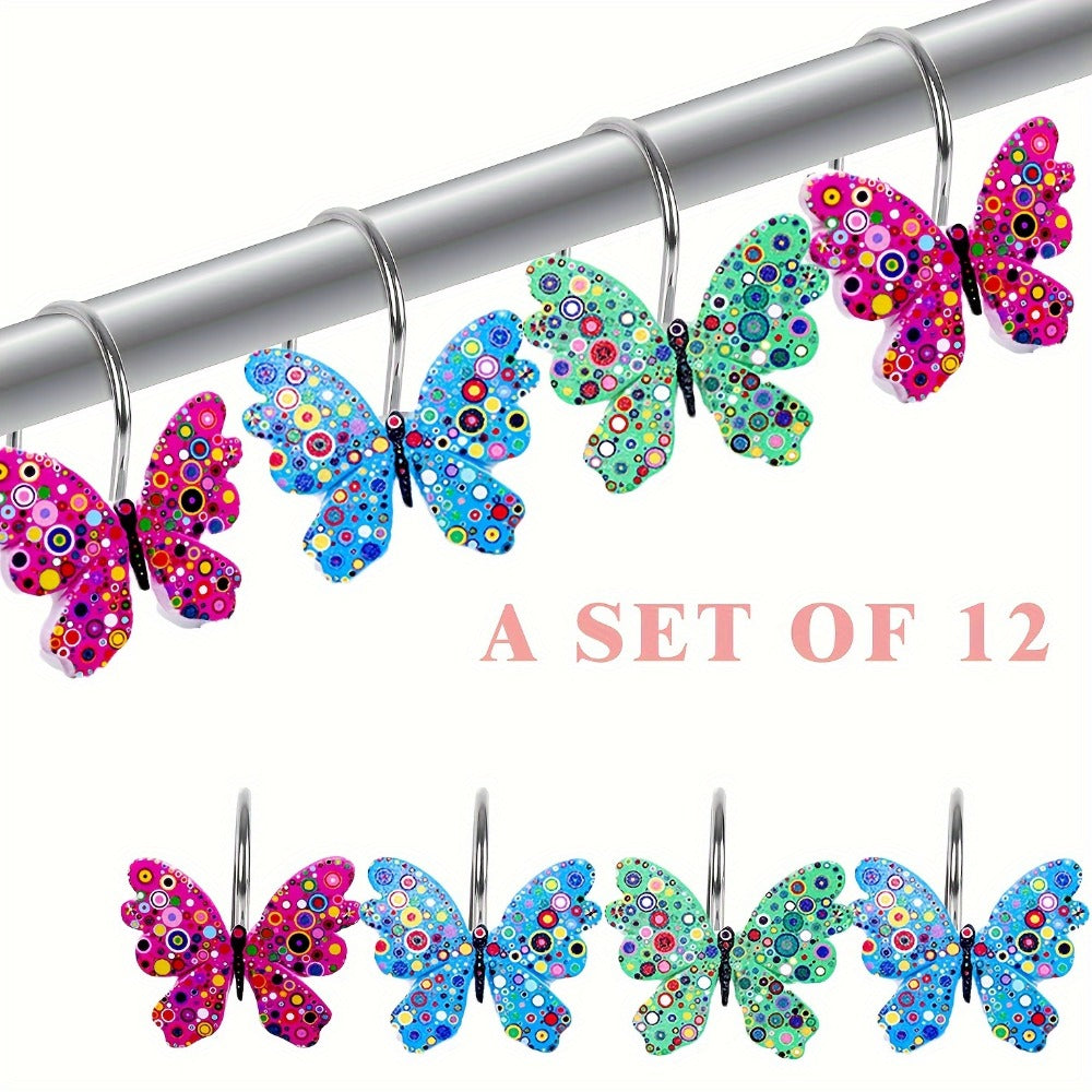 Butterfly Shower Curtain Hooks 12pcs Colorful Decorative Rustproof Metal Rings for Bathroom Wardrobe Curtain Rod