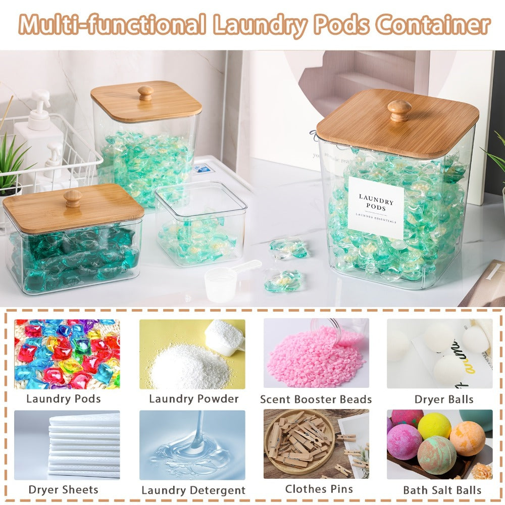 Laundry Pod Containers Set of 4 with Lids Scoops and Labels ¨C Laundry Room Organization Storage Canisters for Pods Detergent Dryer Balls Scent Beads Mixed Color