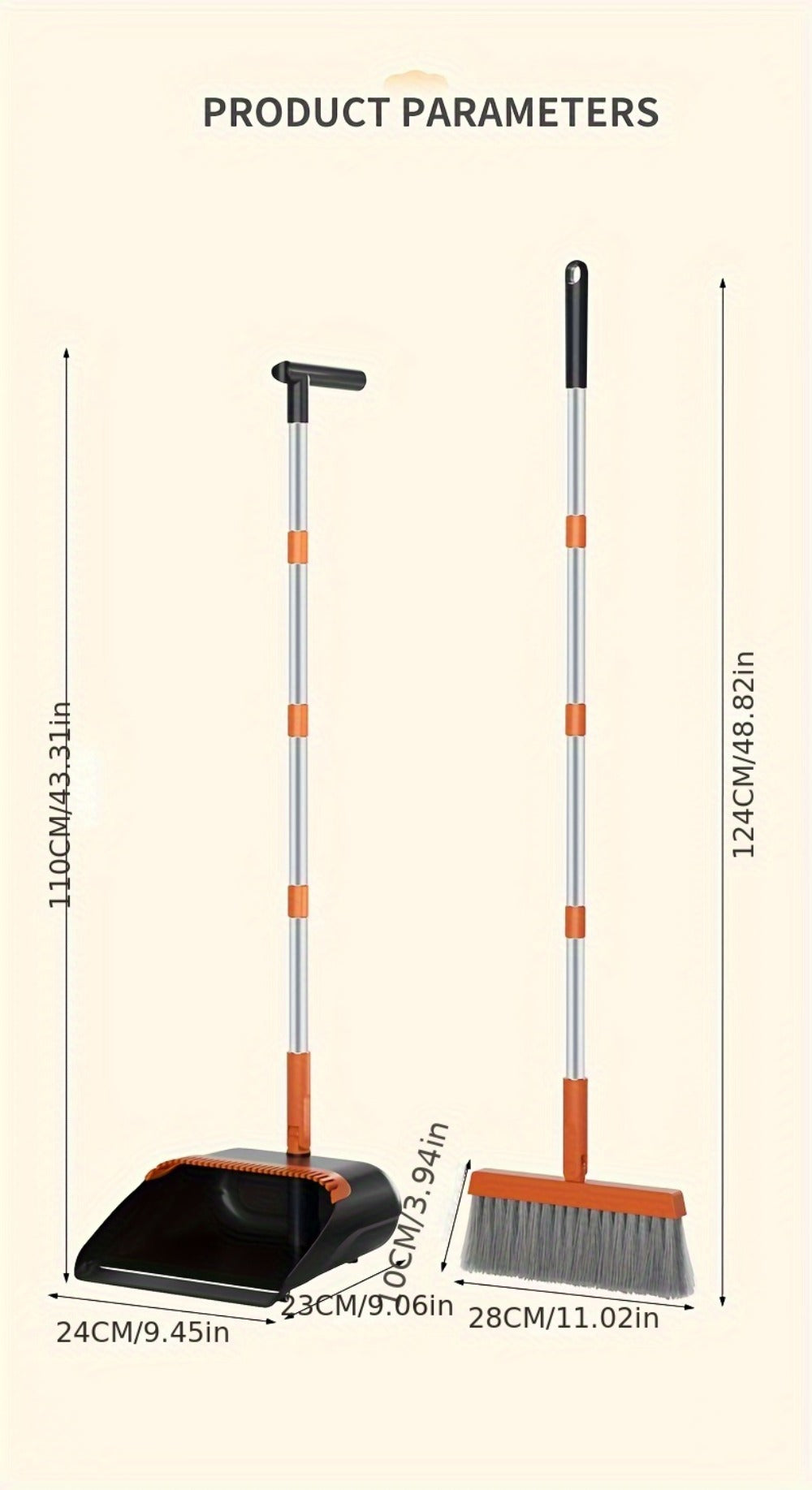 Folding Broom and Dustpan Set 50 Inch Extended Handle - Dense Elastic Bristles Wide Deep Dustpan for Dust Hair Debris, Foldable Broom for Home Kitchen Bathroom Bedroom Living Room, Blue White Black Orange Khaki