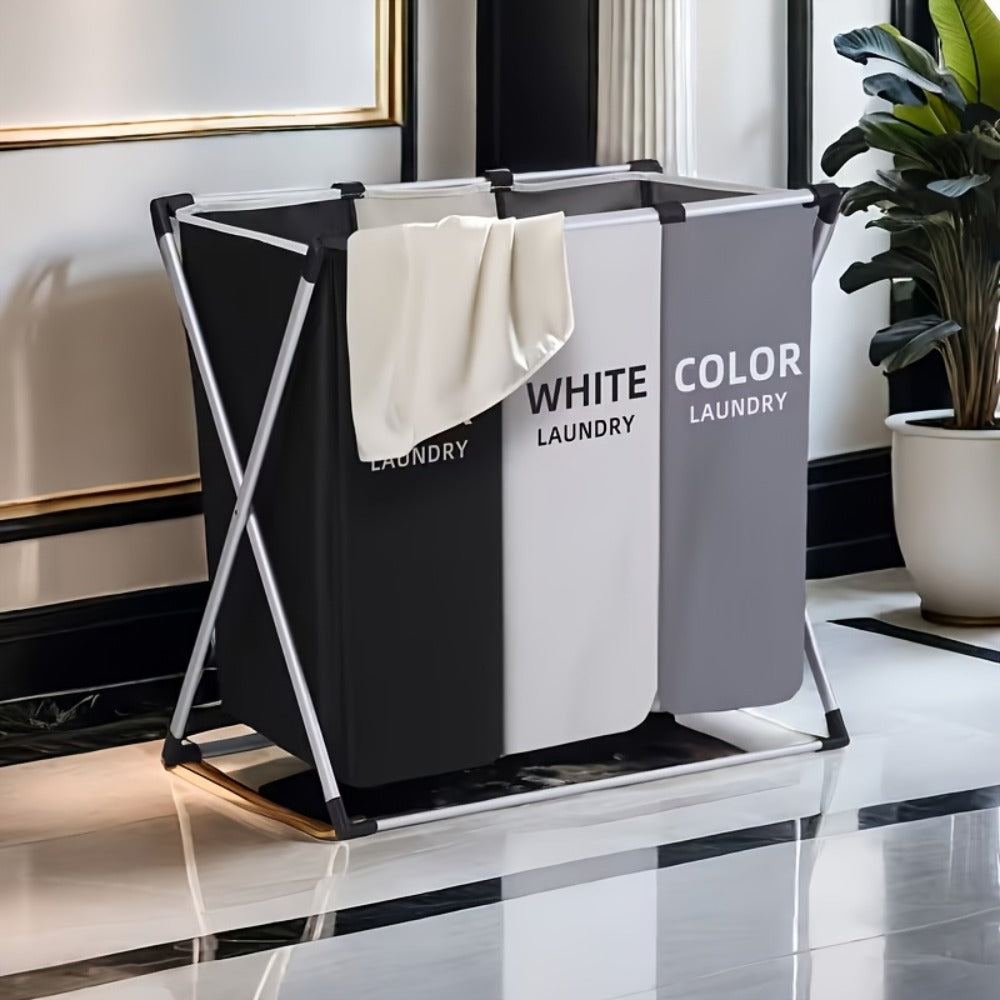 Laundry Hamper Sorter 3-Section Foldable Basket with Oxford Bags Large Rectangular Hamper with Handles Durable Fabric for Home Dorm Bathroom Bedroom College