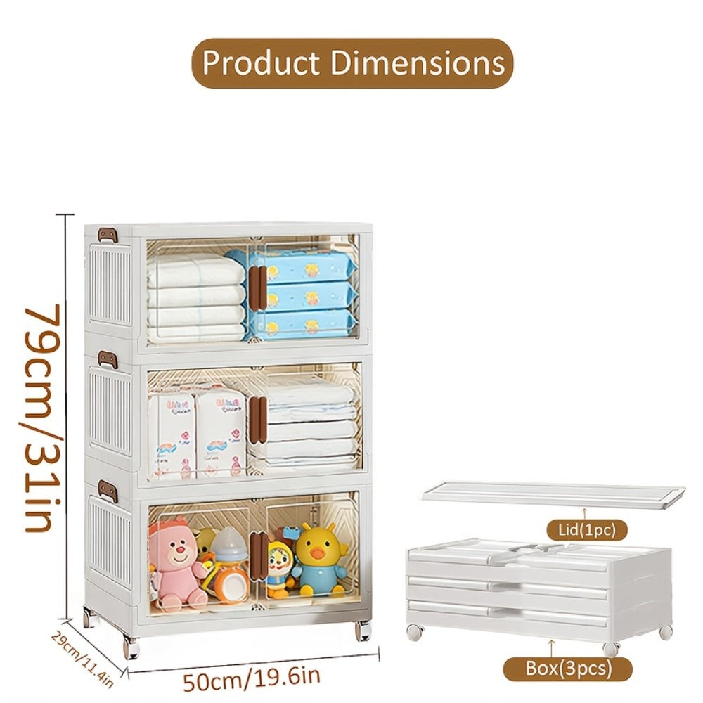 Stackable Foldable Storage Cabinet with Door ¨C PP Plastic 1/2/3/4/5 Layer Organizer Box with Wheels & Cover | Dual-Access Home Storage for Clothes, Books, Snacks & Kitchen Supplies | Office & Garage