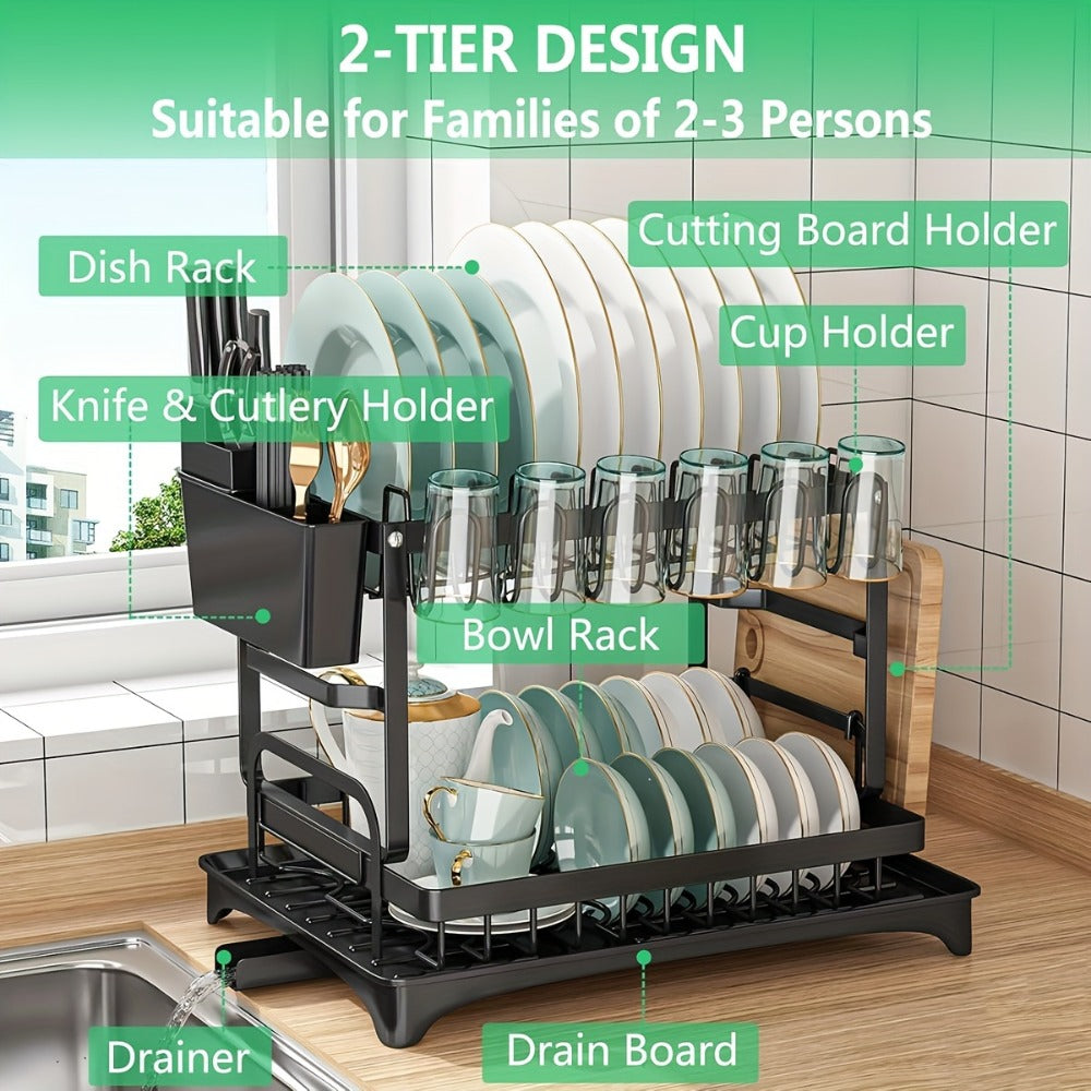 2-Tier Metal Dish Drying Rack with Drainboard ¨C Kitchen Counter Dish Drainer Compact Countertop Drying Rack Black White Gray