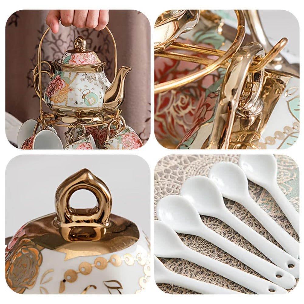 European Floral Ceramic Tea Set 20 Pcs ¨C Italian Style Afternoon Tea Set with Metal Stand ¨C Blooming Pattern Teapot & Cups ¨C Elegant Gift for Tea Lovers & Special Occasions ¨C Golden