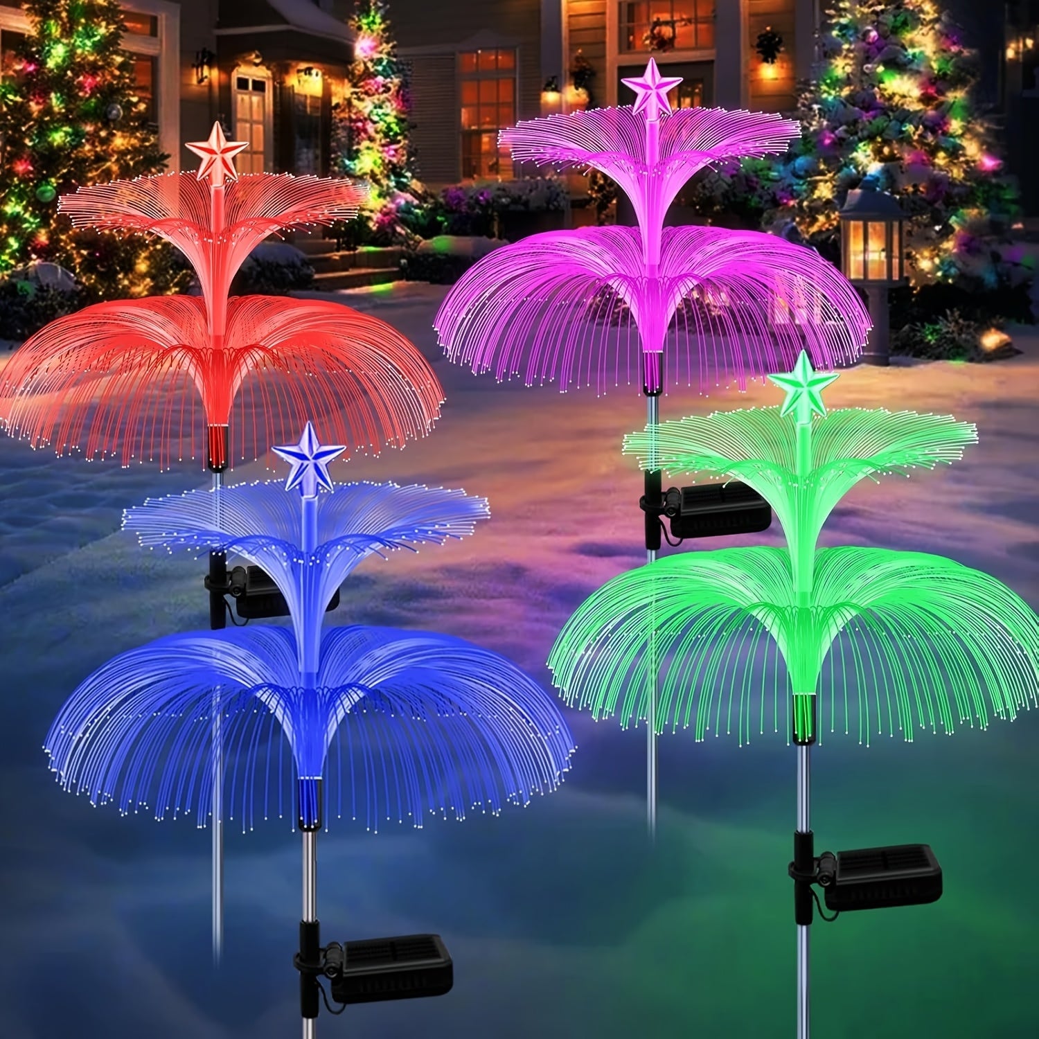 Solar Christmas Tree Lights Fiber Optic Star, 7-Color LED IP65 Waterproof Garden Stake Lights ¡ª 2 or 5 Layer Star for Lawn, Pathway, Patio & Holiday Decor | 2, 4 or 6 Pack