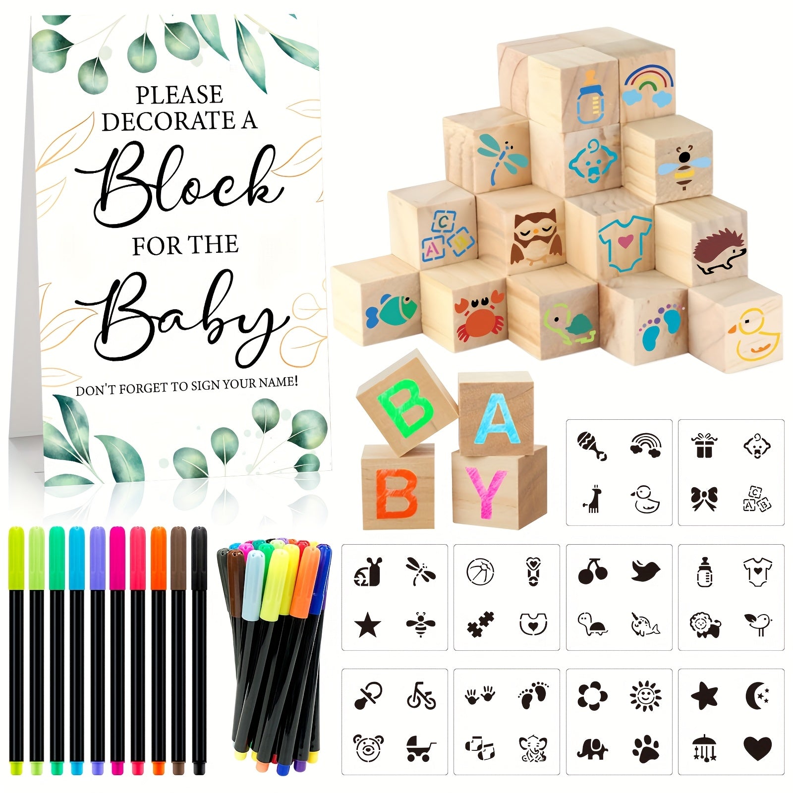 Wooden Block Stacking Game Party Kit 51pcs 30pcs ¨C Baby Shower Tumbling Tower Decoration Sign Set Classic Flower Greenery Fox Bear Style No Electricity