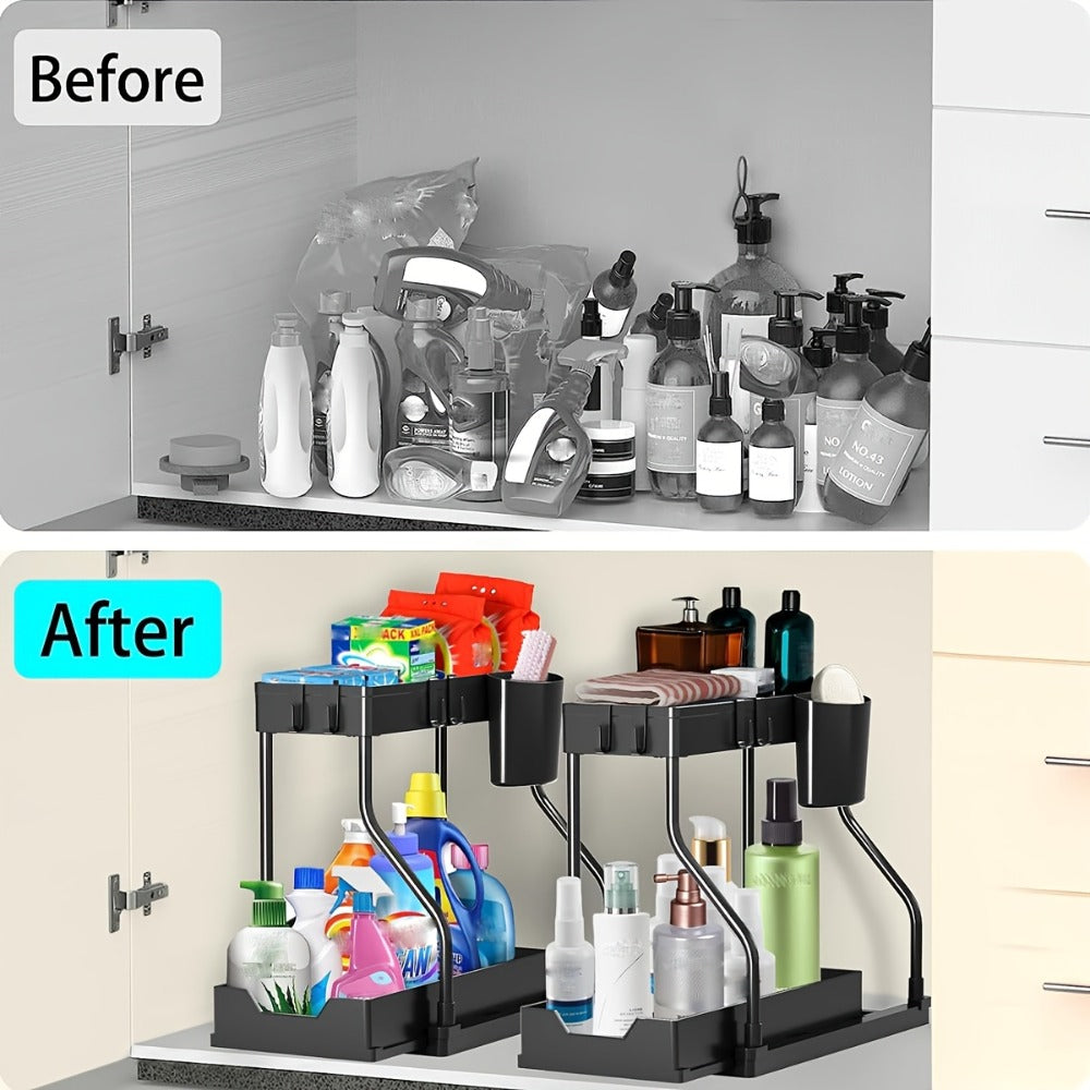 Under Sink Organizer 2pcs with Sliding Shelves ¨C Durable Pull-Out Cabinet Storage for Bathroom Kitchen Space Saving Vertical Design