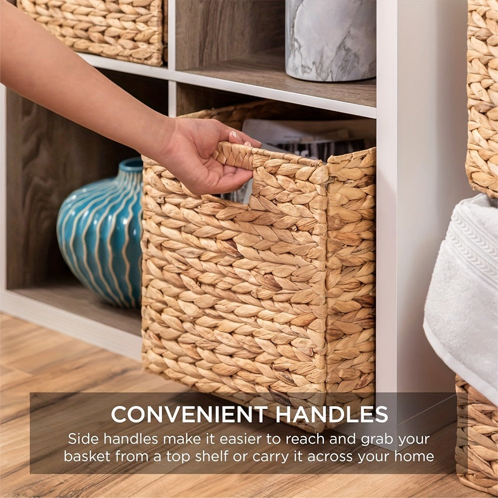 Water Hyacinth Storage Baskets 11in - Handwoven Stackable Cube Baskets for Shelves Closet Laundry, Natural Wicker Organizer Bins