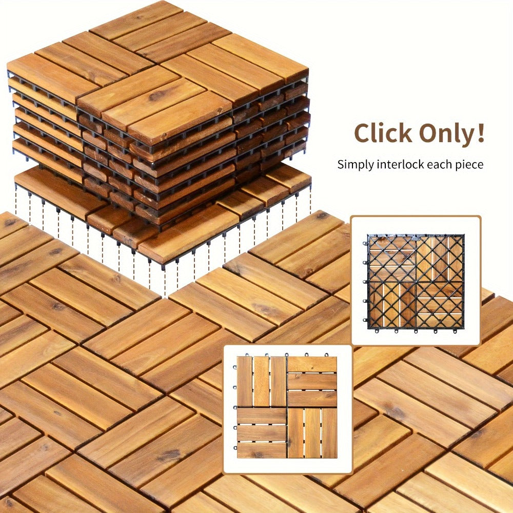 Interlocking Acacia Wood Deck Tiles 27-Pack ¨C 12x12 Inch Oil-Finished Slat Tiles, Covers 27 Sq Ft, Tool-Free Install, for Patio, Balcony, Garden, Deck & Indoor Flooring
