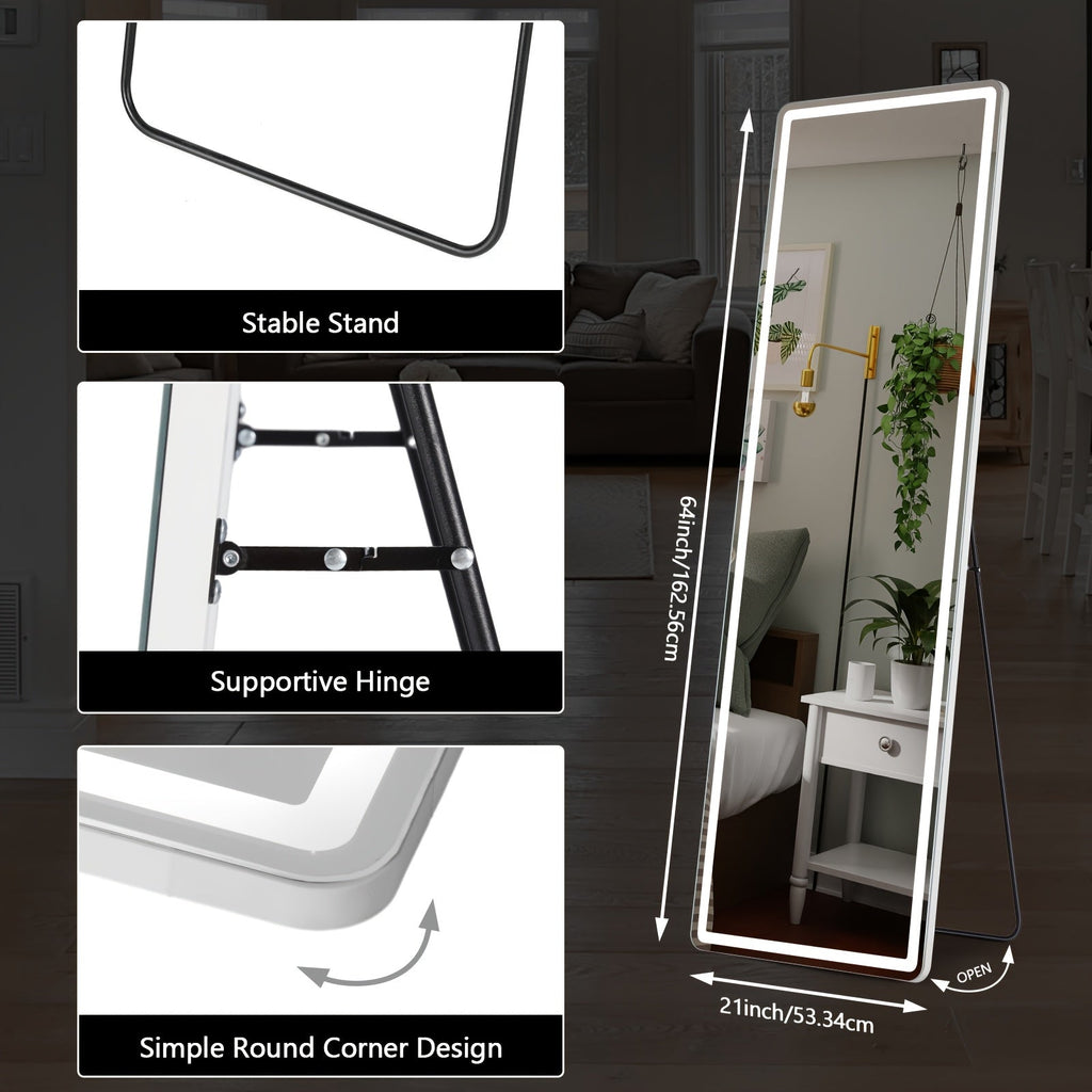 Full Length Mirror with LED Lights & Touch Sensor ¨C 64¡±x21¡± Dimmable Smart Floor Mirror, Wall Mount or Freestanding, Slim Modern Frame for Bedroom, Vanity & Dressing Room