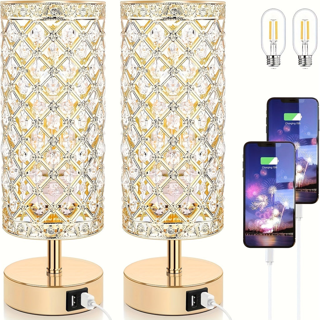 Crystal Bedside Table Lamp with Touch Control & 2 USB Charging Ports, 3-Way Dimmable Nightstand Lamp with Decorative Crystal Base, LED Bulb Included, for Bedroom Living Room Office