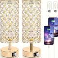 Crystal Bedside Table Lamp with Touch Control & 2 USB Charging Ports, 3-Way Dimmable Nightstand Lamp with Decorative Crystal Base, LED Bulb Included, for Bedroom Living Room Office