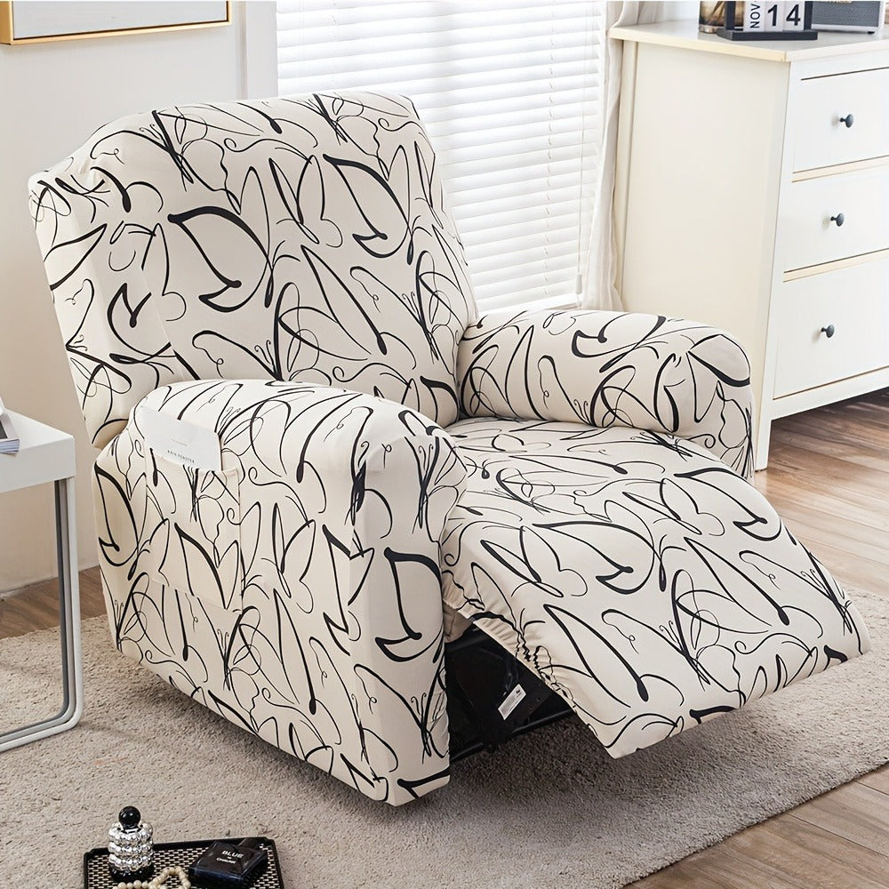 Recliner Slipcover 4pcs Extra Large with Pocket - Spandex Stretch Four Seasons Furniture Protector | Botanical Geometric Prints | Living Room Home Decor Sofa Chair Cover