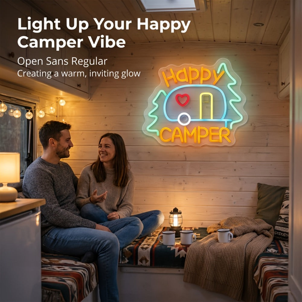 Happy Campers Neon Sign LED Wall Light | Illuminated RV Camper Decor Sign for Campsite Bedroom Man Cave Bar Party Polychrome Glowing Gift for Campers